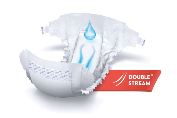 Детские подгузники Chicolino. Новая технология поглощения жидкости двумя каналами Double Stream.